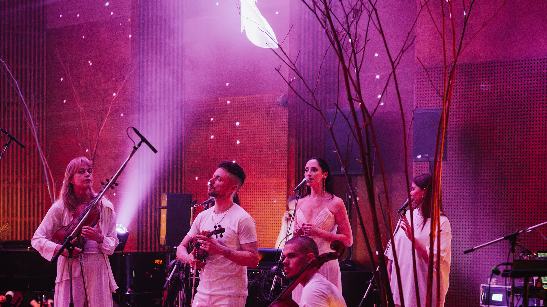 The Nordic Pulse ensemble dressed in white under deep magenta light, among bare birch branches.